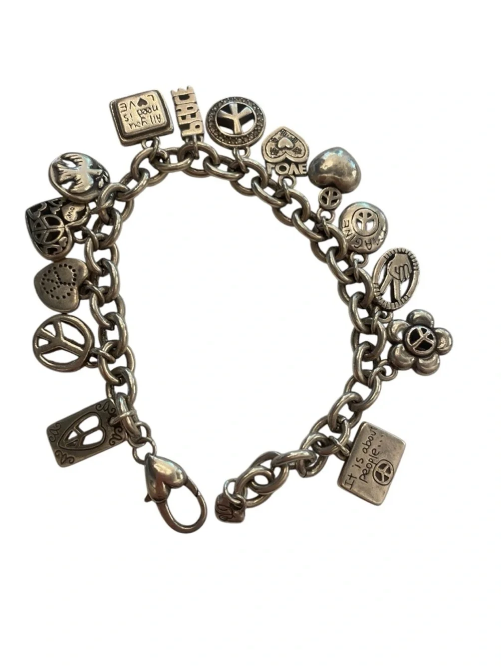 Brighton Women’s Peace Love Heart Silver Charm Bracelet Jewelry great condition